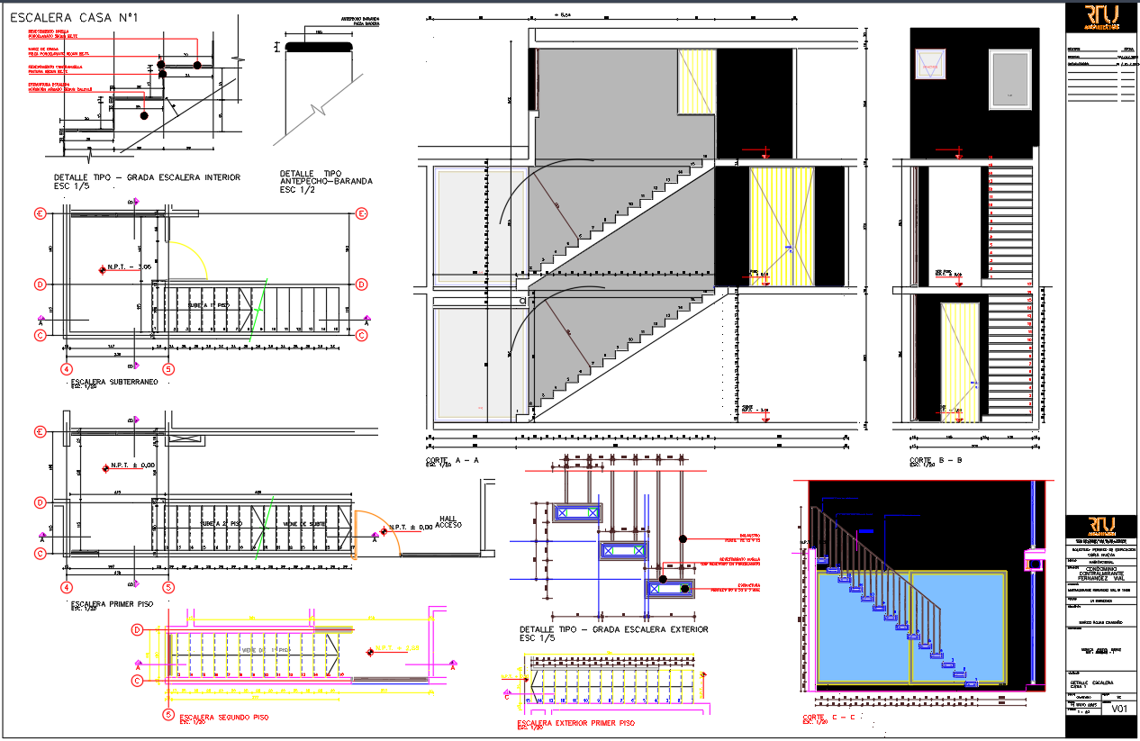 Staircase CAD Drawing with Plans and Section Details