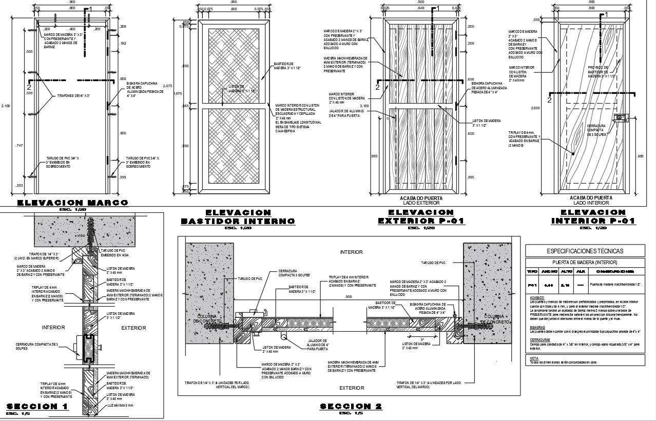 Wooden Door Design with Frame and Section Details