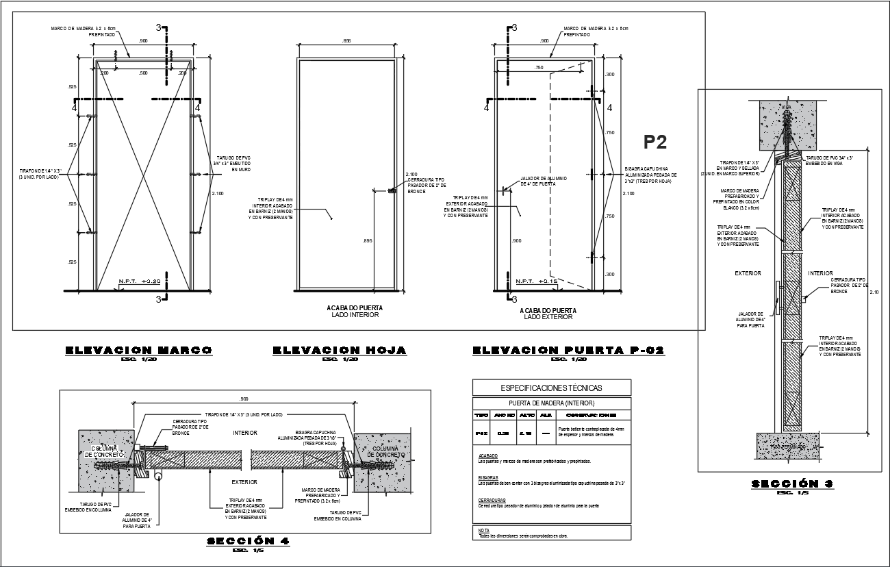 Wooden Interior Door Design with Frame and Section