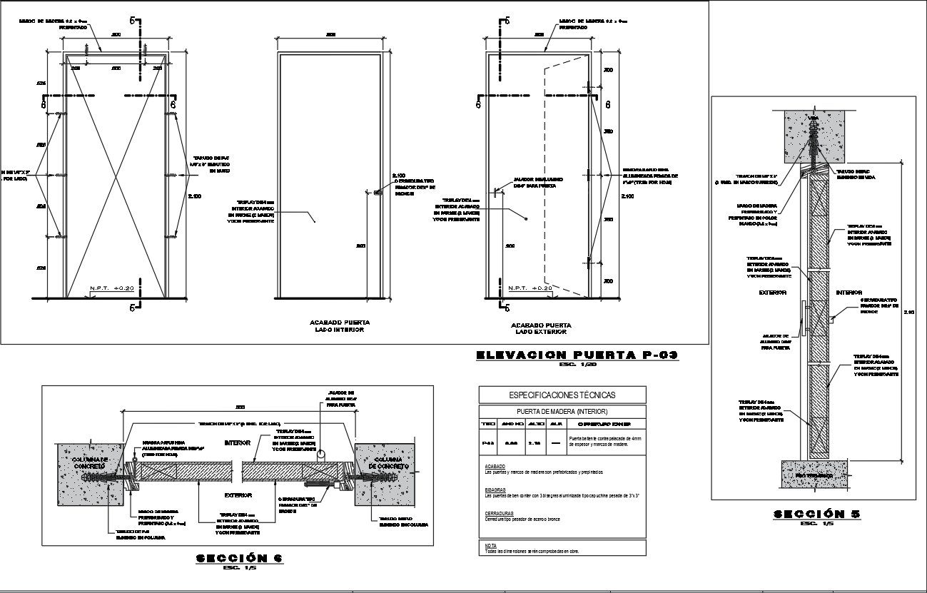 Wooden Interior Door Drawing with Elevation and Section