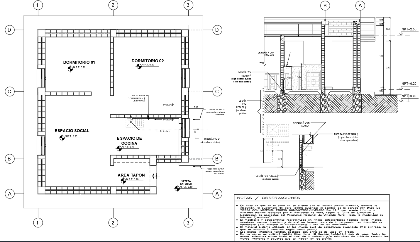 Residential Floor Plan with Plumbing and Section View