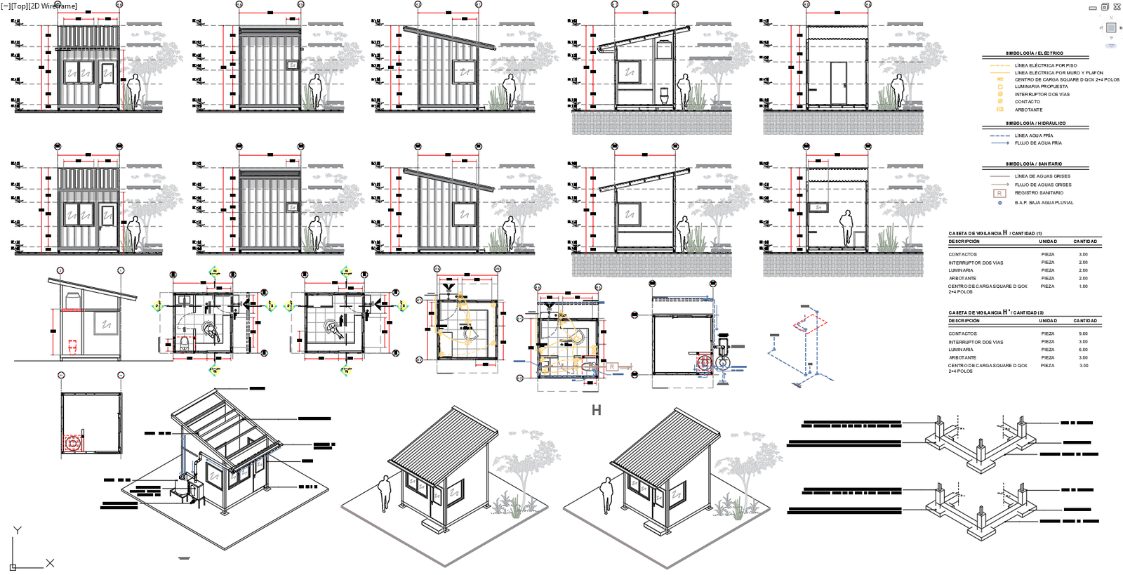 Small modular house CAD drawings with elevations and plans DWG