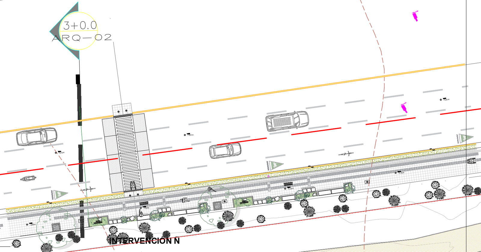 Urban roadway and pedestrian walkway design with crossing DWG