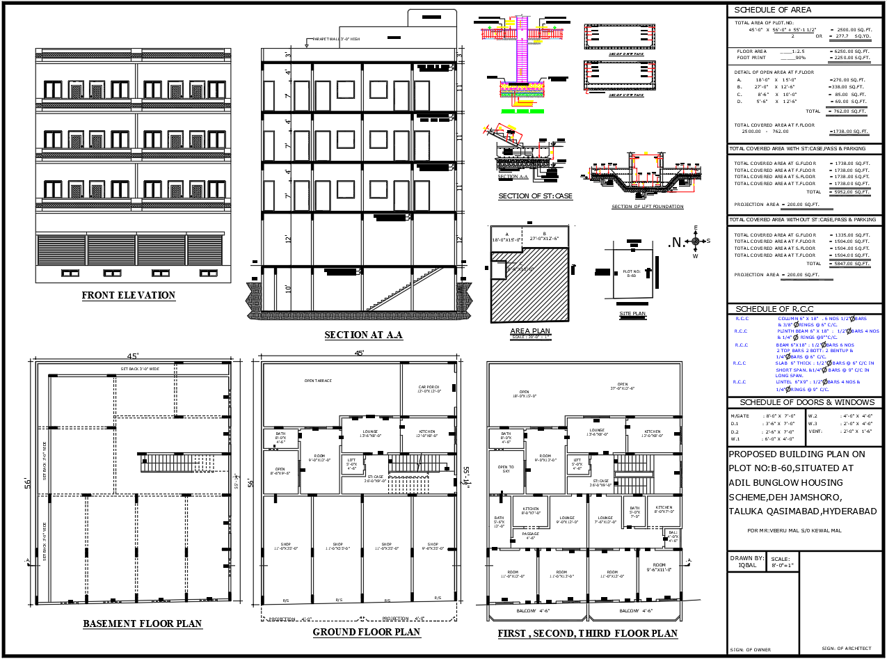 AutoCAD DWG Building Plan with Basement Ground and Upper Floor Layouts