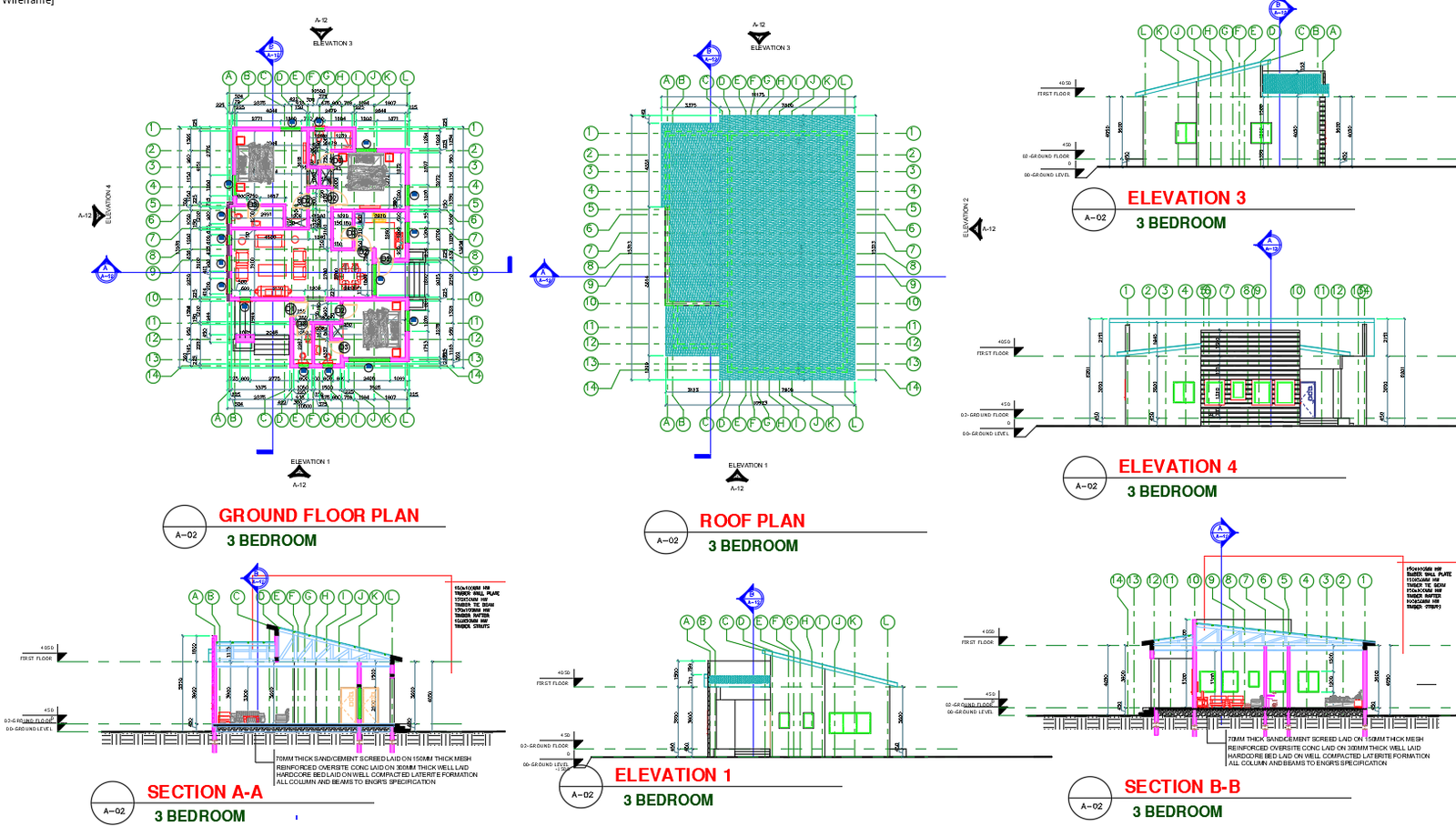 AutoCAD DWG 3 Bedroom House Plan with Roof Elevation and Sections