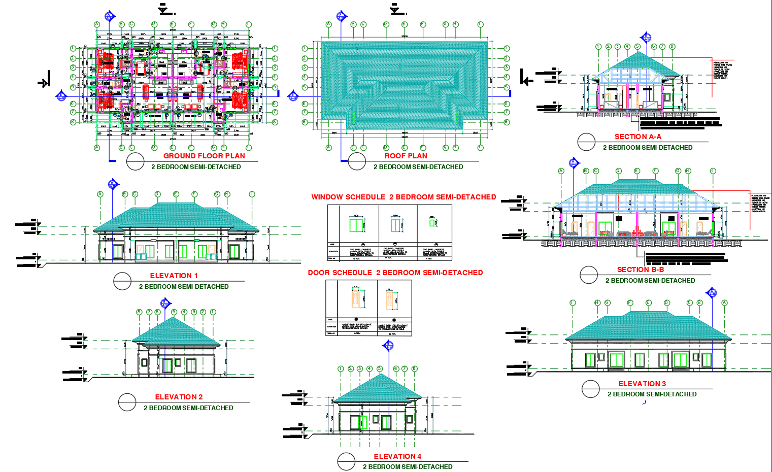 2 Bedroom Semi Detached House Plan with Roof Elevation and Sections