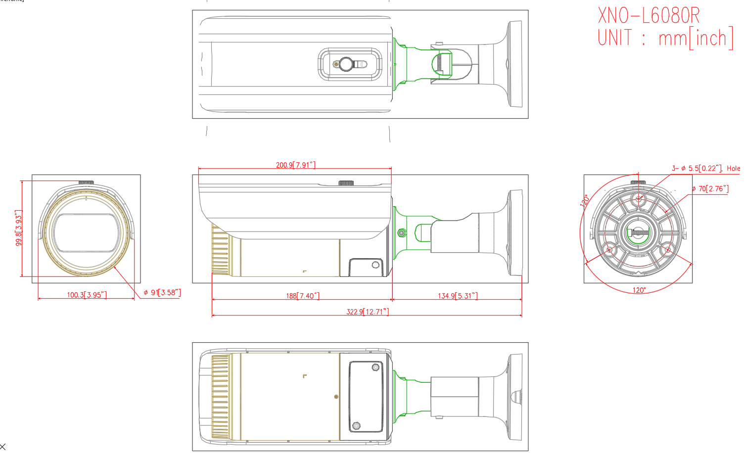 CCTV Security Camera CAD Drawing XNO L6080R with Dimensions Layout