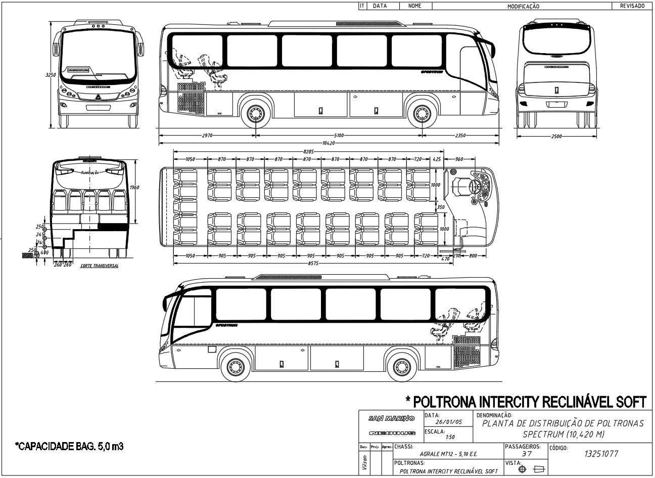 Bus CAD Drawing with Seating Layout Side Front and Section Views