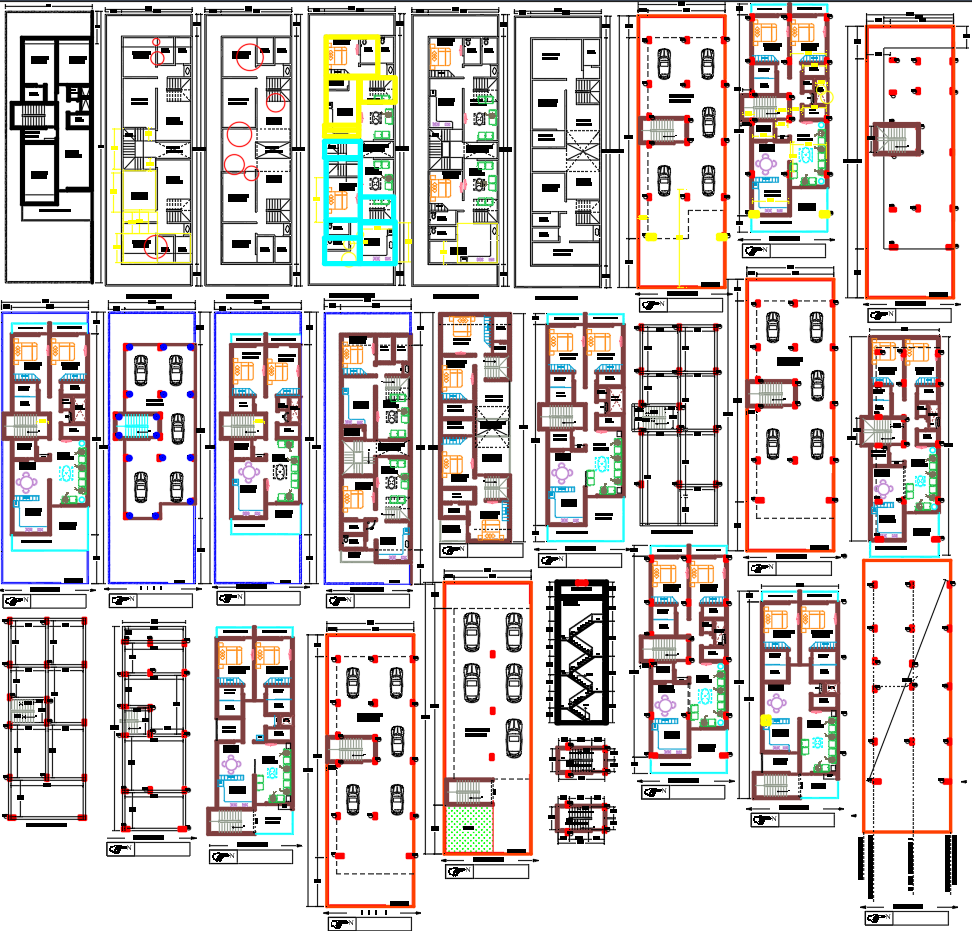 Multi-Family Building DWG File with Parking Layout and Floor Plans