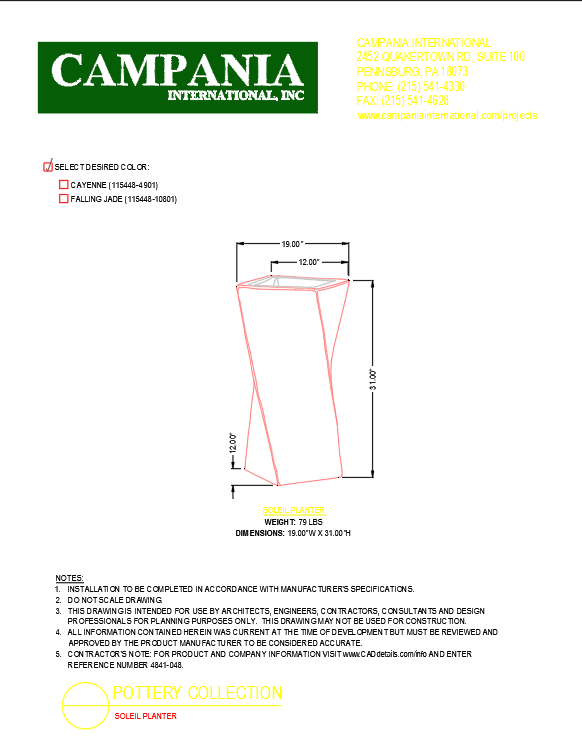 Pottery Soleil Planter Isometric View and Detail CAD DWG File