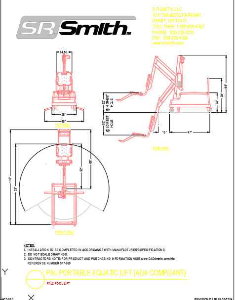 Pool Lift with Portable Lift Front Side and Top View DWG File