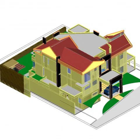 3D Bungalow DWG Drawing with Sloping Roof, Garden and Elevations