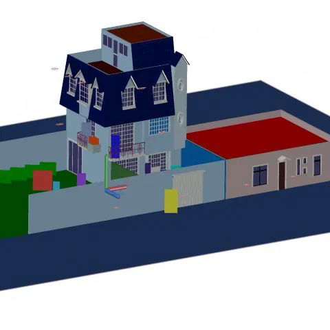 3D Suburban House DWG 3 Story Design with Sloping Roof and Elevations