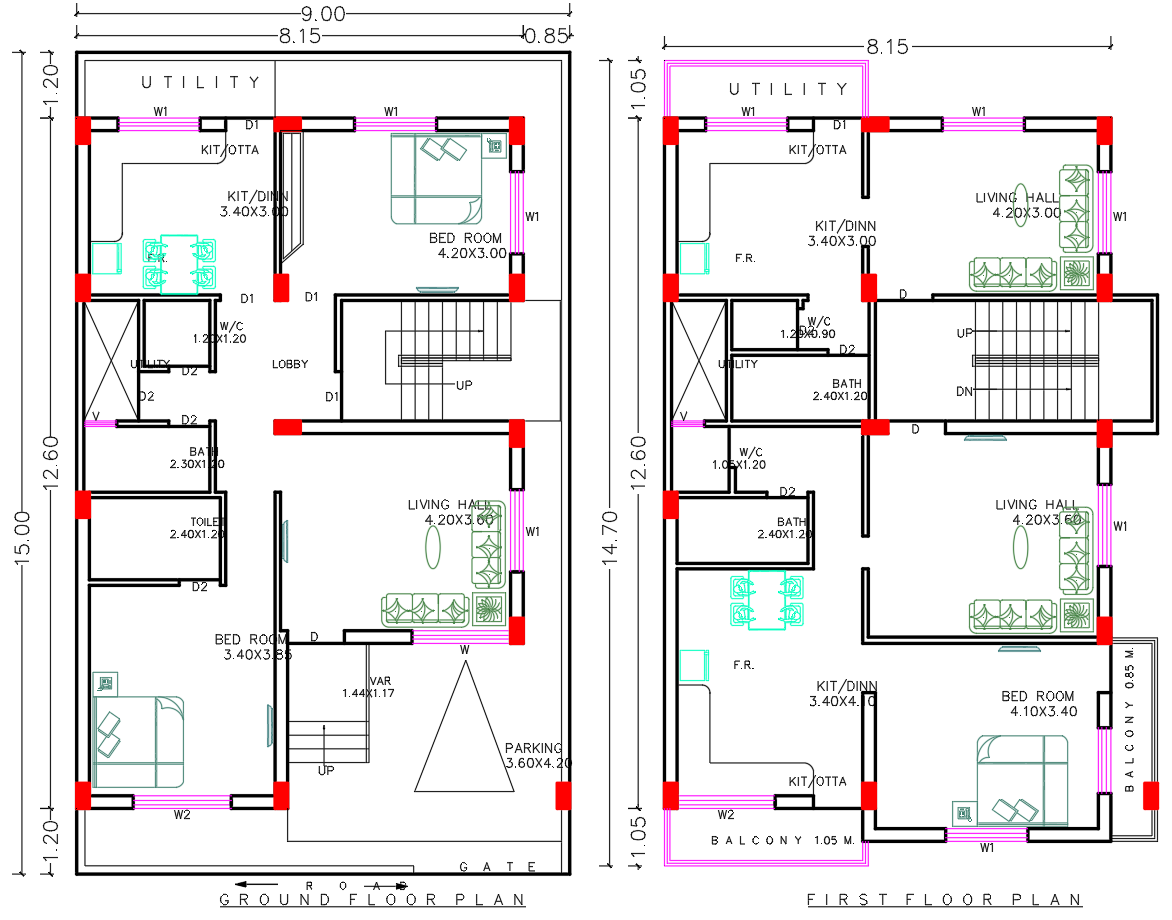 2BHK Duplex House CAD Plan with Ground and First Floor Layouts