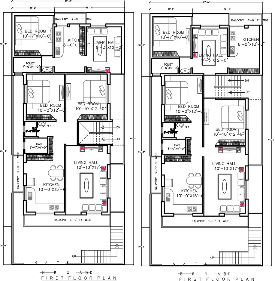 3BHK First Floor House CAD Plan with Bedrooms Kitchen and Living Halls