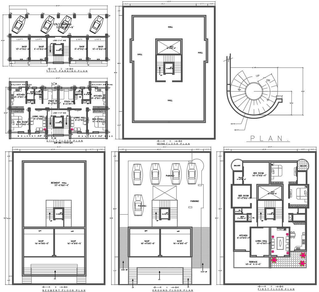 Mixed Use Building CAD File with Parking Shops and Residential Floors