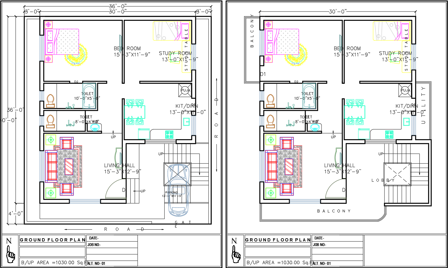 House Floor Plan CAD Drawing with Parking Living Hall Bedrooms Kitchen