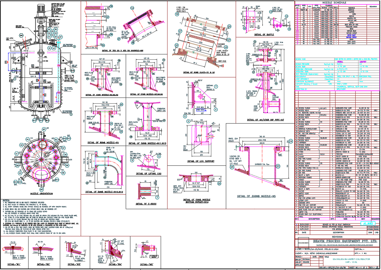 SS 316L 304 Limpet Coil Reactor CAD Drawing with Nozzle Details