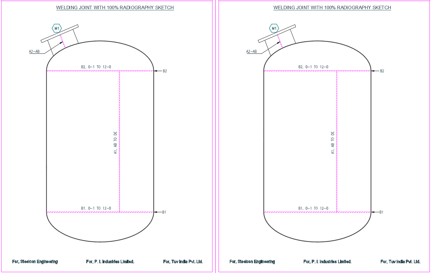 Welding Joint 100 Percent Radiography CAD Sketch for Pressure Vessel