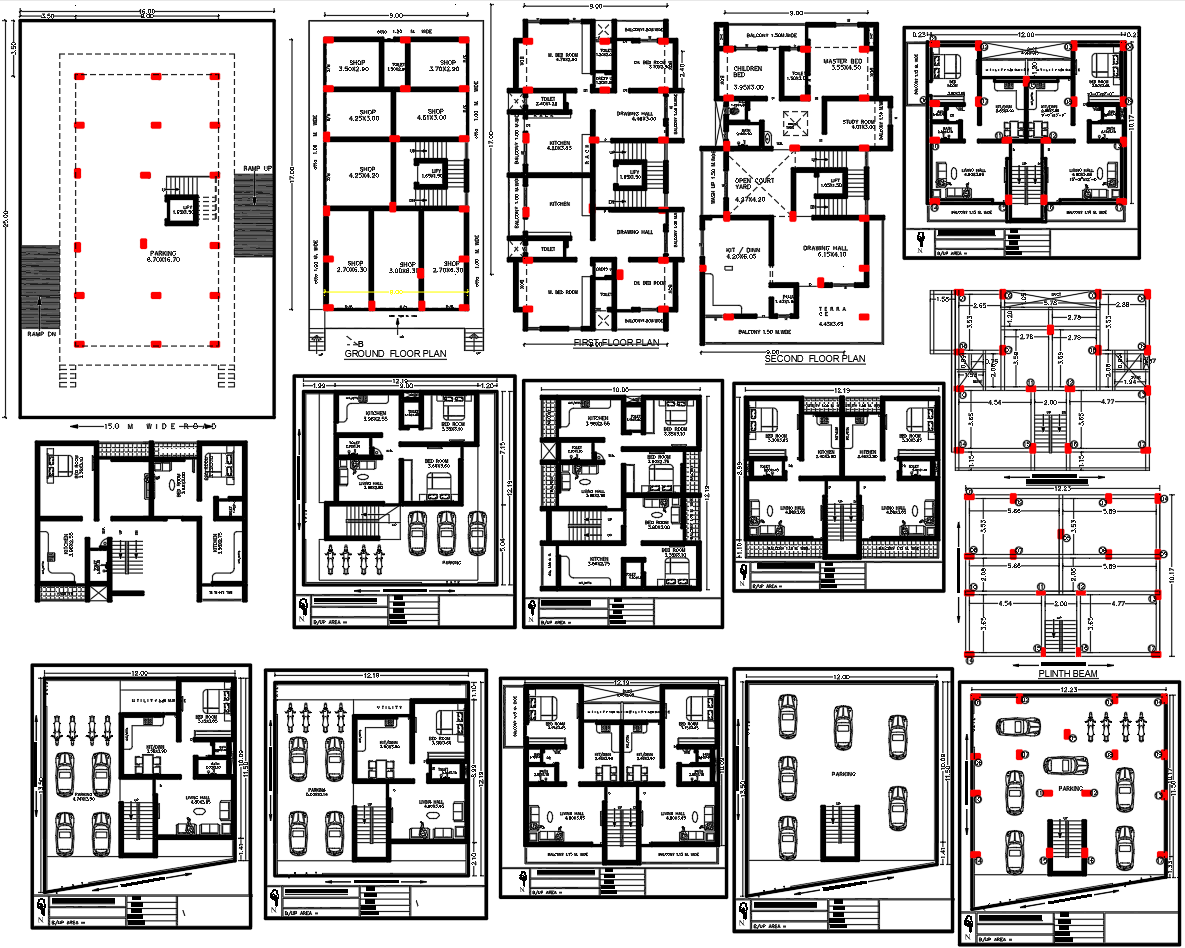 Residential Building with Shop Ground Floor Layout in AutoCAD