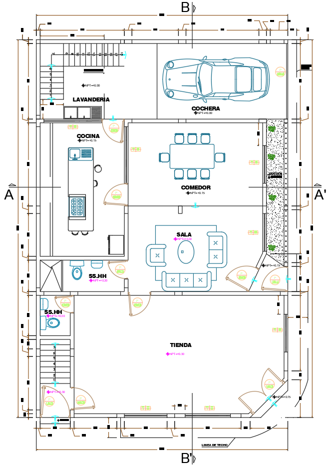 Modern AutoCAD House Plan with Garage Kitchen and Store Layout