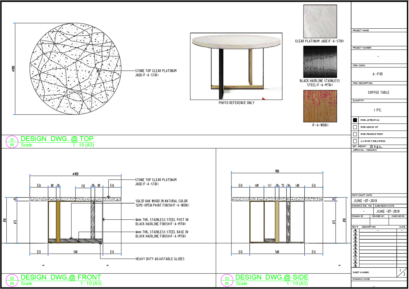 Modern Round Coffee Table AutoCAD Drawing with Material Details