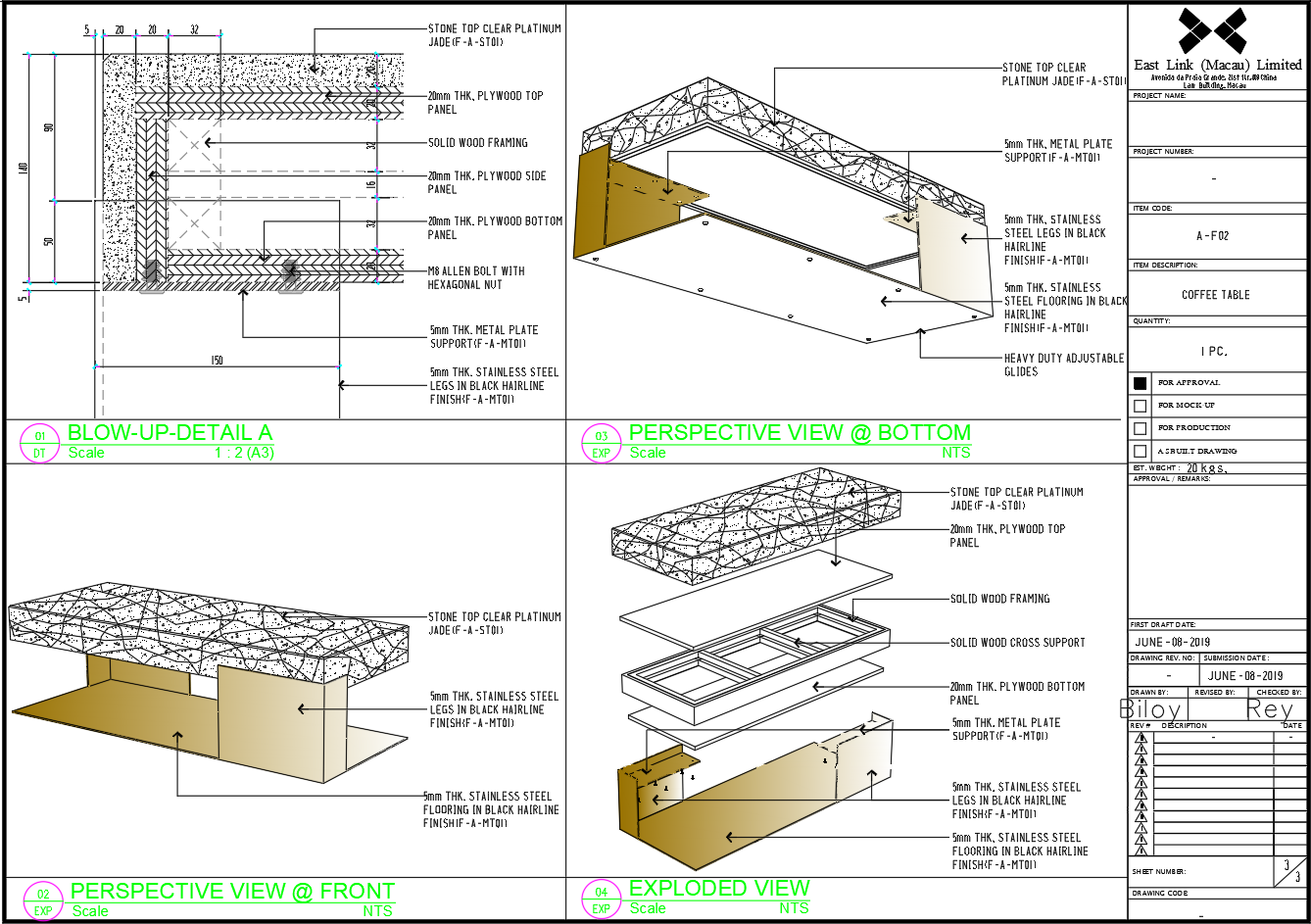 Coffee Table Exploded View and Assembly AutoCAD Drawing – DWG