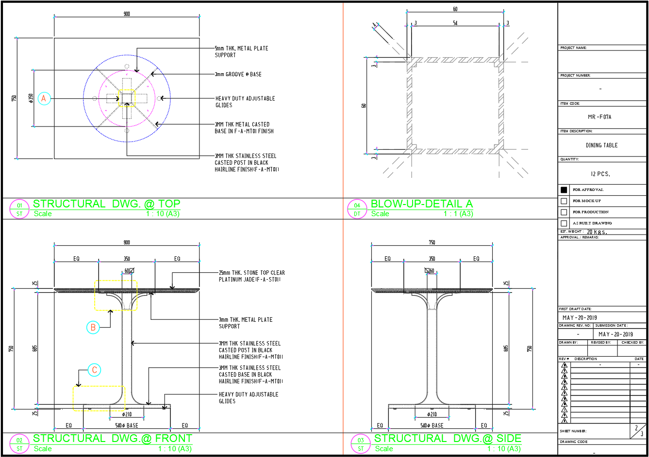 Dining Table Structural AutoCAD Drawing – Fabrication DWG Plan