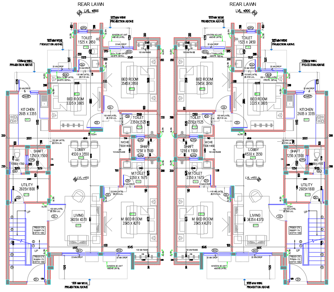 G Plus 2 Apartment Building AutoCAD Layout With 2BHK Floor Plan