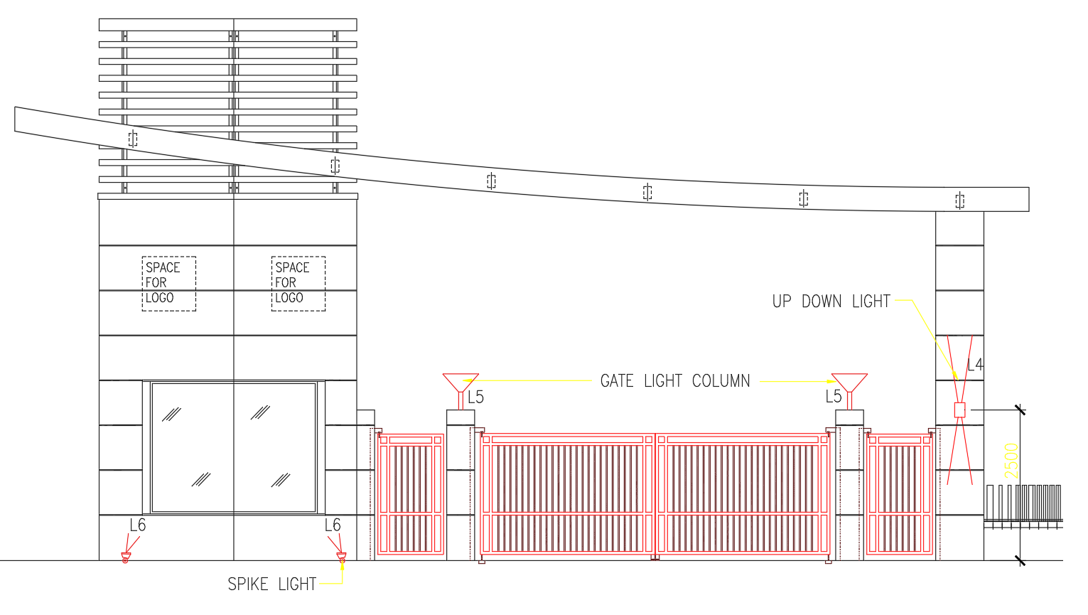 Residential Entry Gate Elevation Design AutoCAD Lighting Layout
