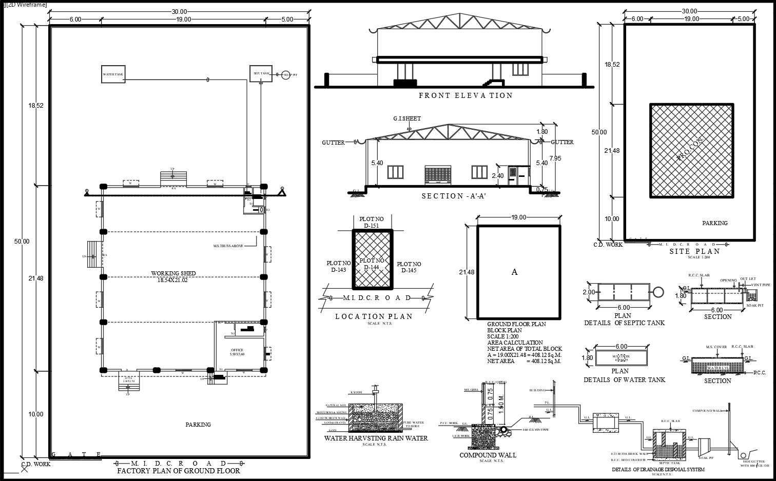 Industrial Working Shed Plan AutoCAD Layout with Office and Toilet