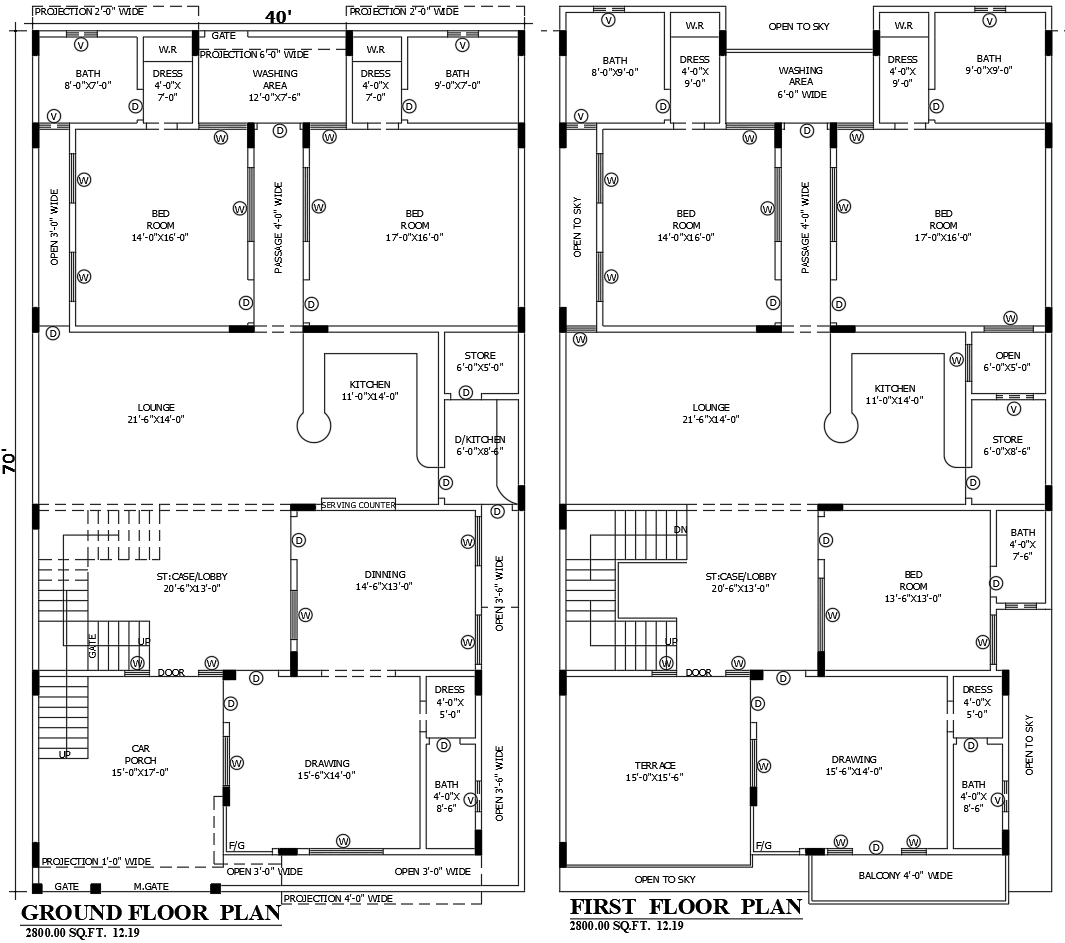2D AutoCAD Residential House Plan 40x70 with 5 Bedroom Layout
