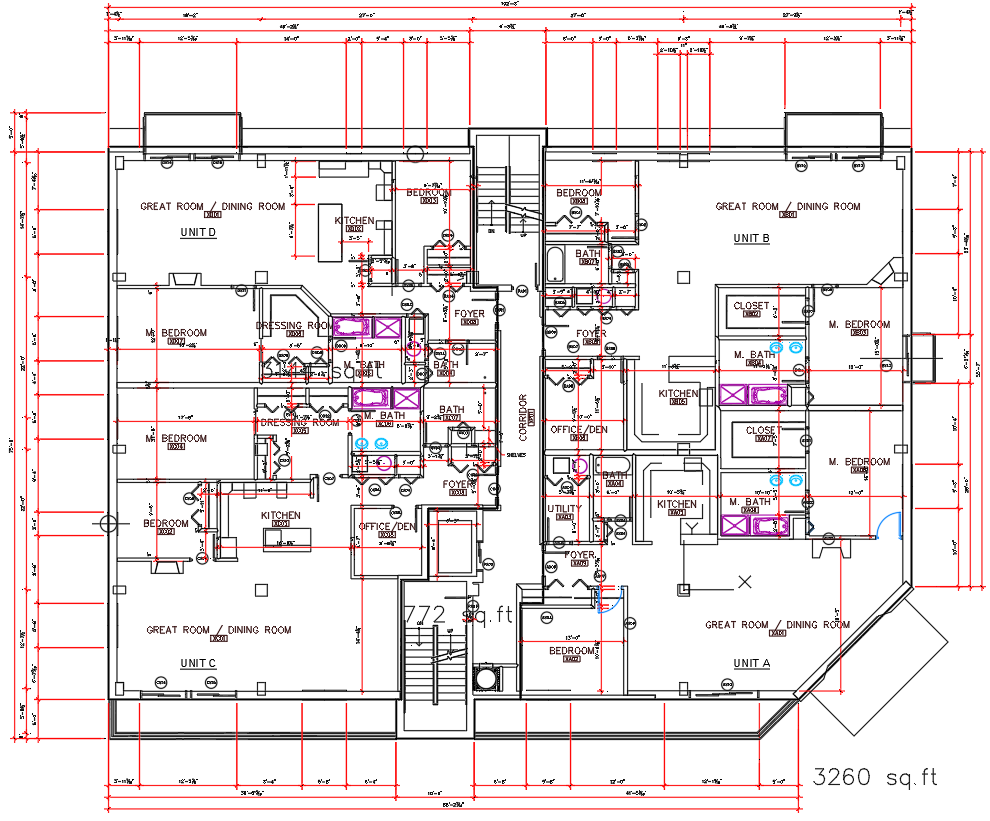 AutoCAD Apartment Layout 2D Plan Units A to D with Room Details