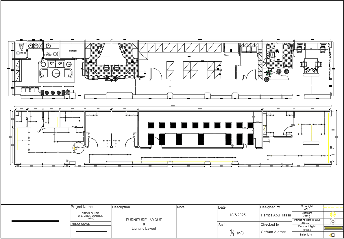 AutoCAD Furniture and Lighting Layout Plan for Crew Lounge Design