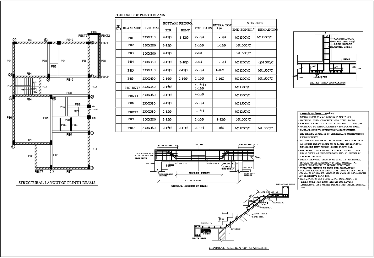 AutoCAD RCC Plinth Beam Layout and Reinforcement Details Plan