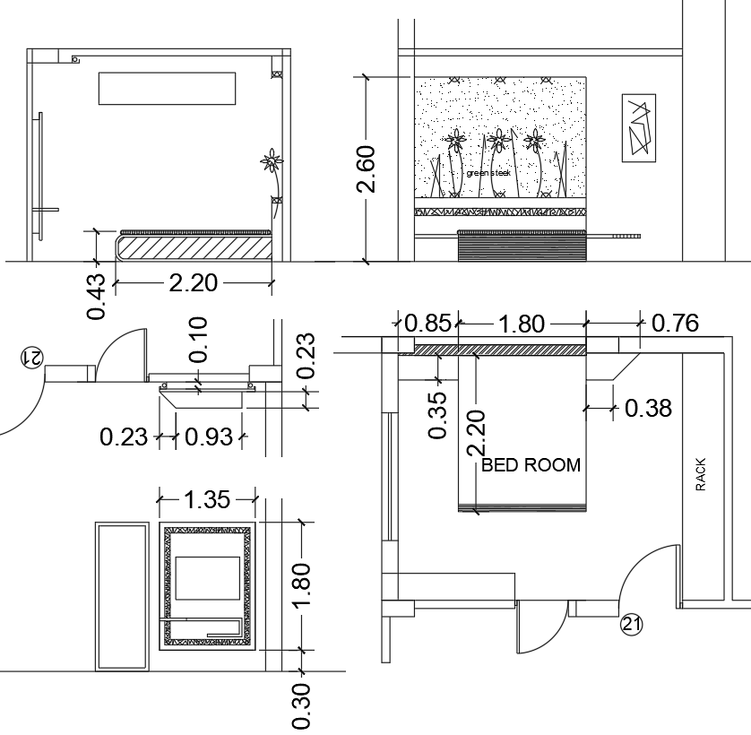 AutoCAD Bedroom Interior Layout with Green Wall and Furniture Plan