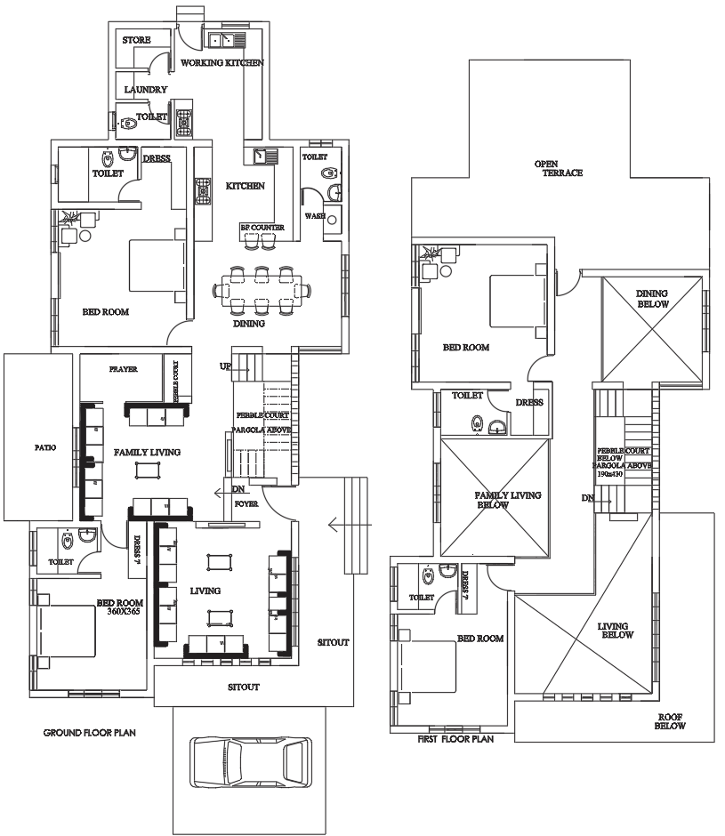 Residential House Plan DWG 3-BHK Prayer Patio Open Terrace Layout