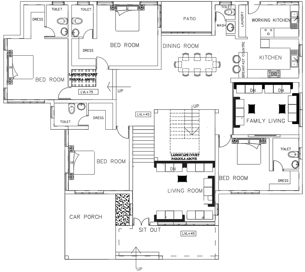 Large 5-Bedroom Bungalow House Plan DWG Patio Working Kitchen Layout