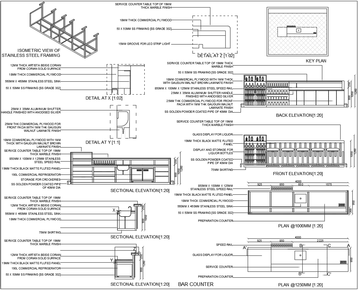 Bar Counter AutoCAD DWG Plan with Elevation and Section Details