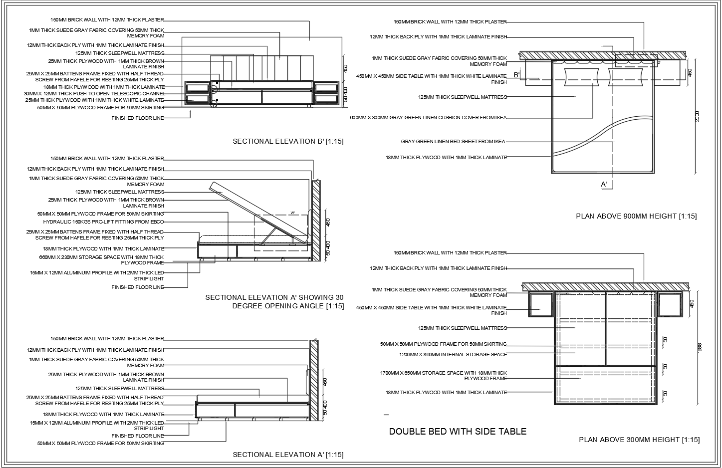 Double Bed with Side Table AutoCAD DWG Plan and Section Details