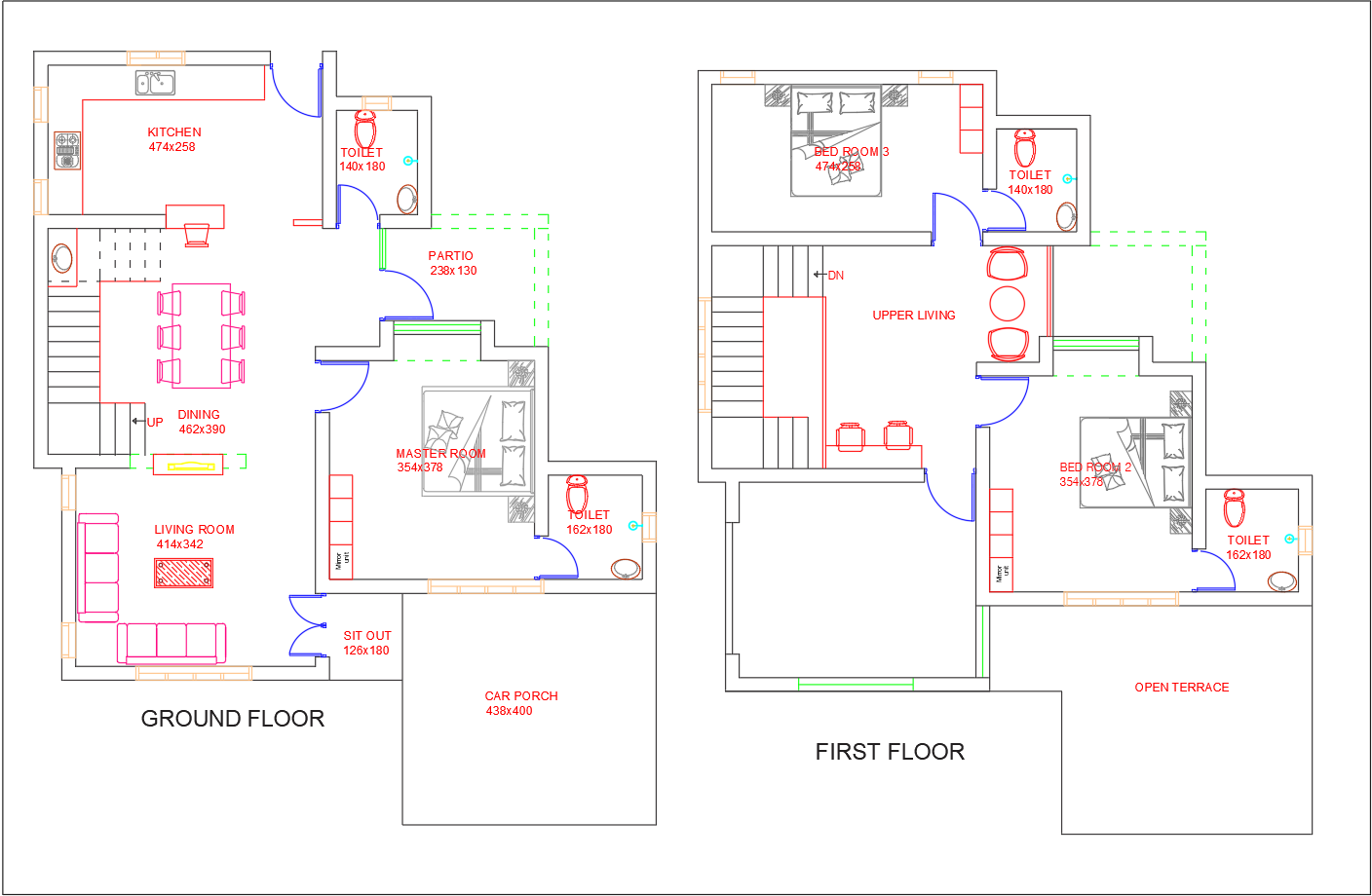 Two Storey House AutoCAD DWG Plan with Living and Car Porch Layout