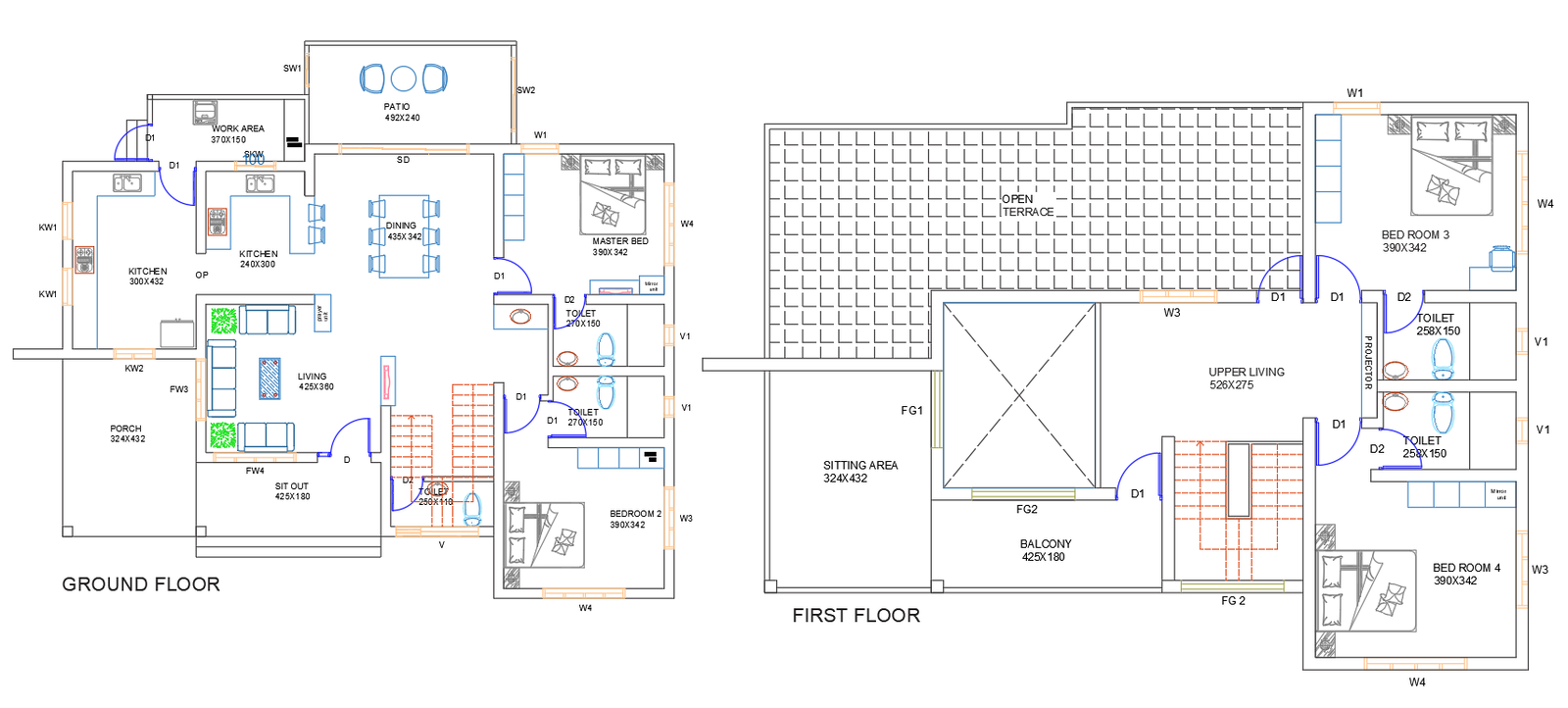 Two Storey House AutoCAD DWG Plan with Balcony and Open Terrace