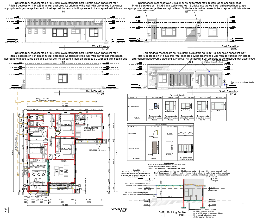 Modern Single Storey House DWG Plan with Elevations and Sections