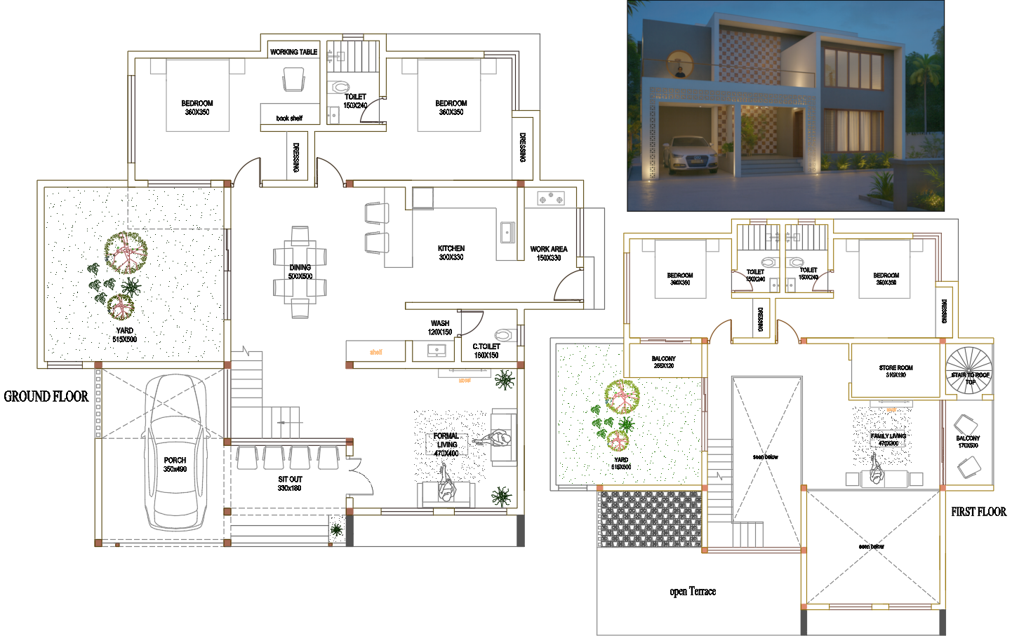 Modern Contemporary Two Storey House AutoCAD Plan with Open Terrace