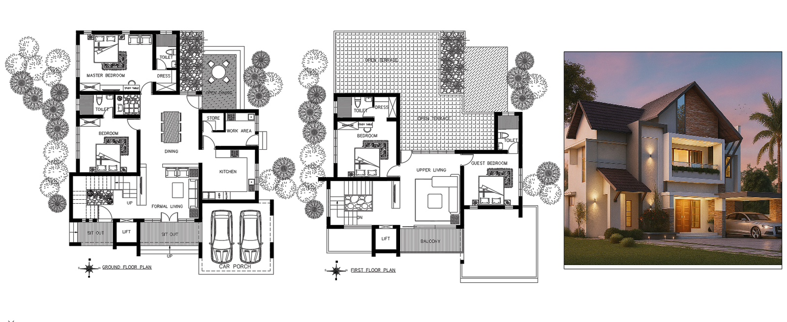 Modern Duplex House AutoCAD DWG Plan with Open Terrace Design