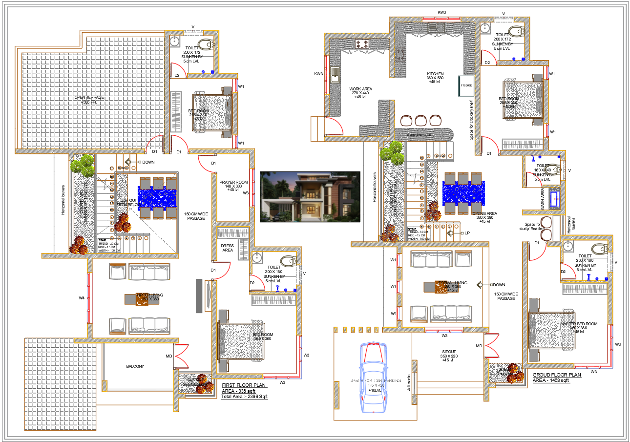 Luxury Modern Villa Floor AutoCAD DWG Plan with Courtyard Design