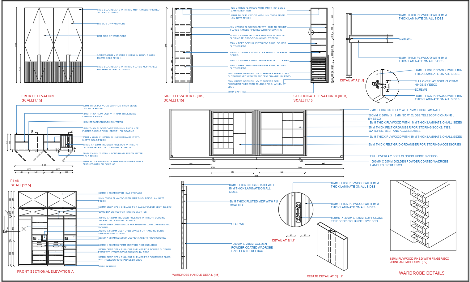 Modern Wardrobe Design AutoCAD DWG Plan with Section Details