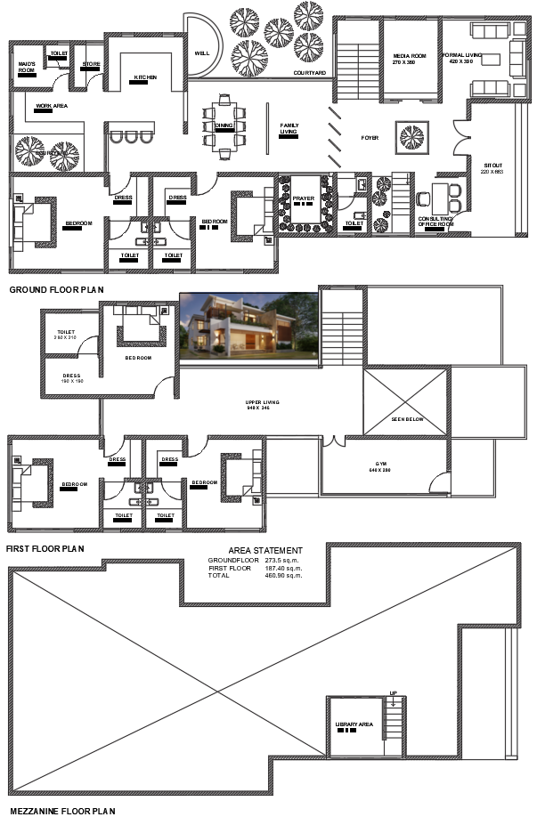 Luxury Modern Villa AutoCAD DWG Plan with Gym, Library, and Courtyard