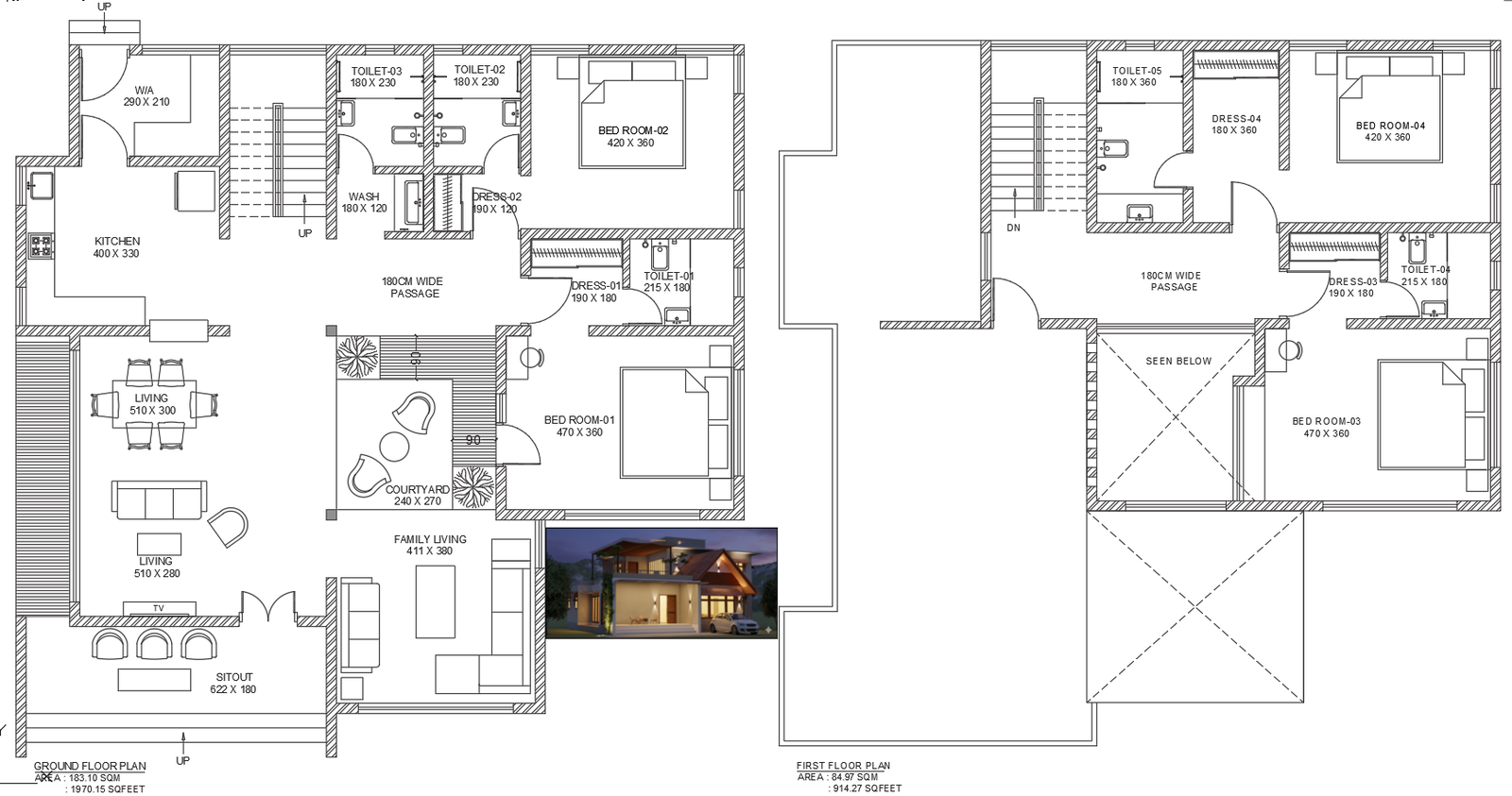 Contemporary Family House CAD Plan with Living and Courtyard Design