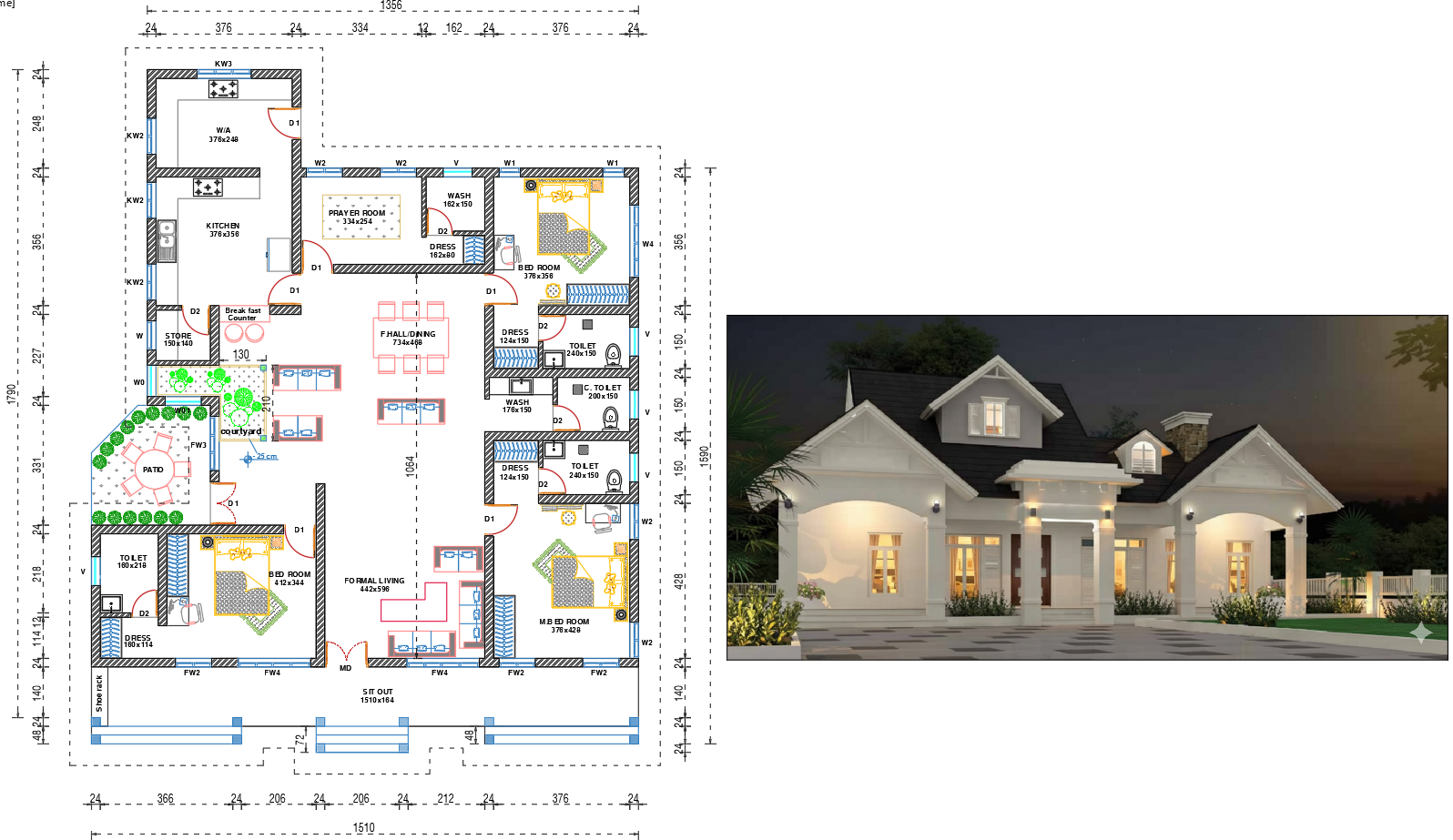 Modern Residential AutoCAD DWG Plan with Courtyard and Interior Layout